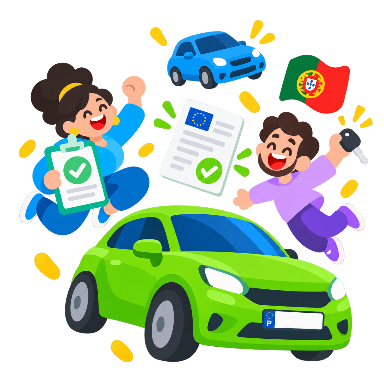 Ilustração de um carro verde com matrícula portuguesa, uma especialista com documentos aprovados e um cliente com a chave do seu carro importado